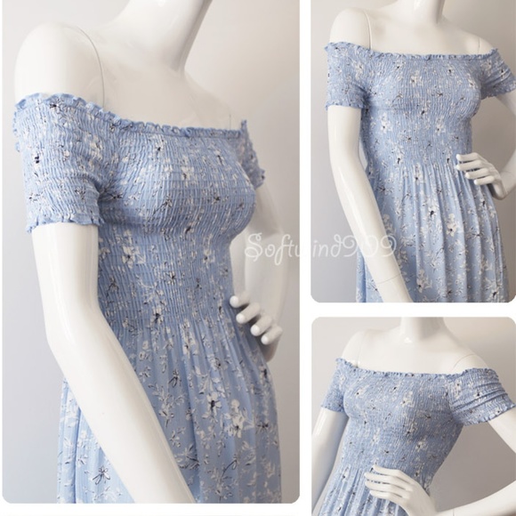 Light Blue Floral Smocked Off Shoulder Maxi Dress - Picture 3 of 8